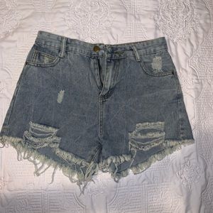 Distressed denim jean shorts
